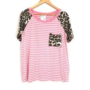 Striped Pocket Tee with Leopard Print